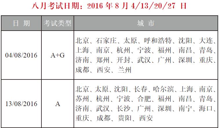 2016年8月雅思考试日期及城市1