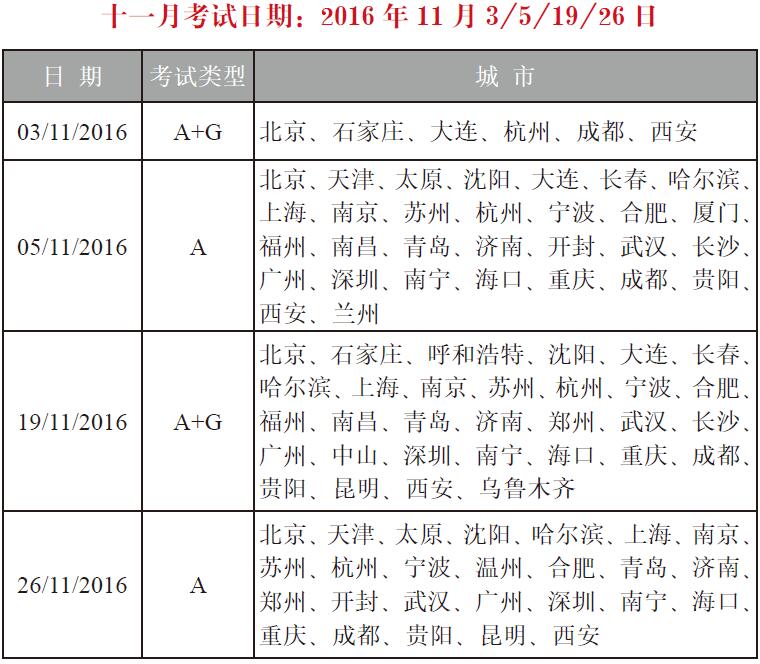 2016年11月雅思考试日期及城市1